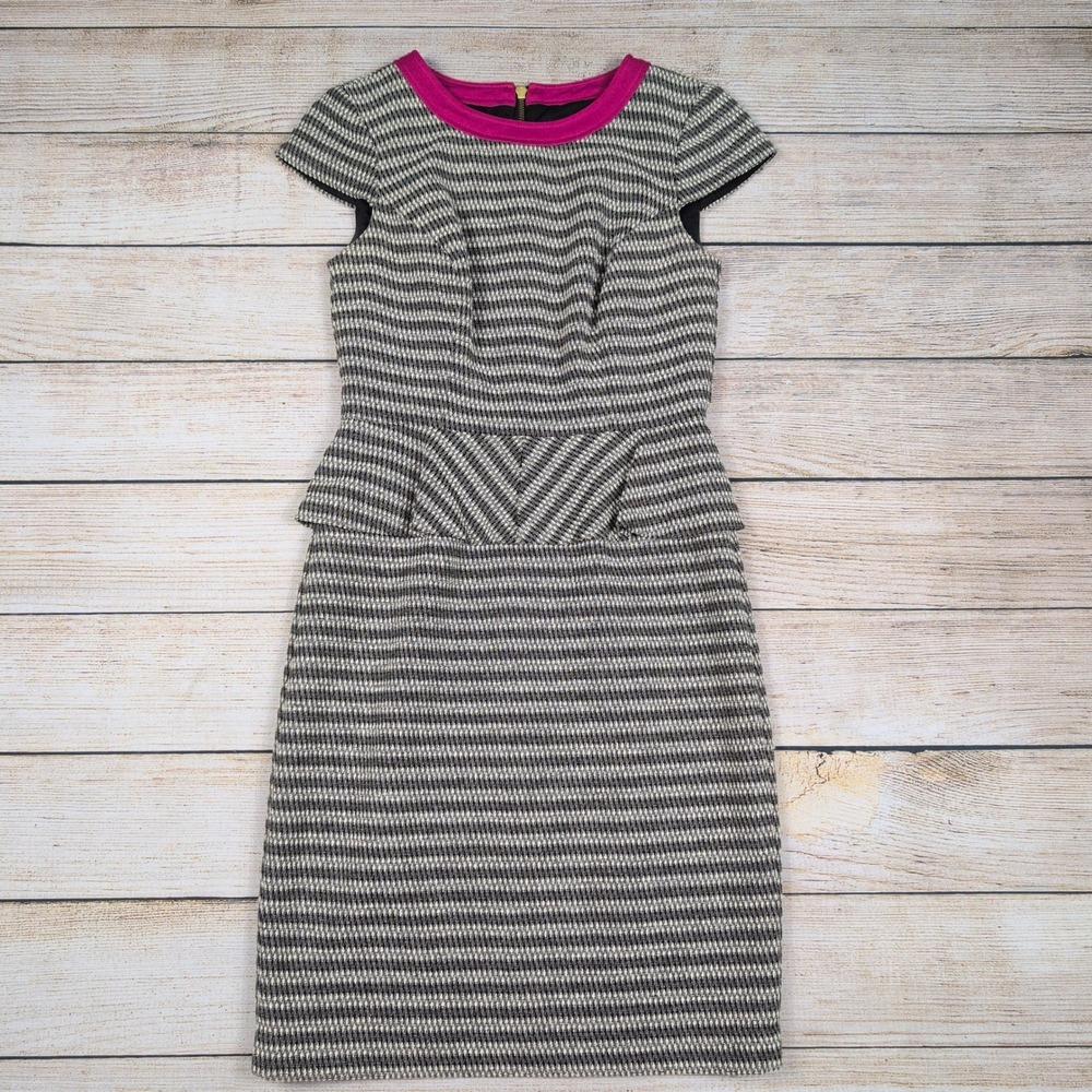 Muse Peplum Dress Size 4 | Black White Pink Stripe Career Flirty‎ curve hug